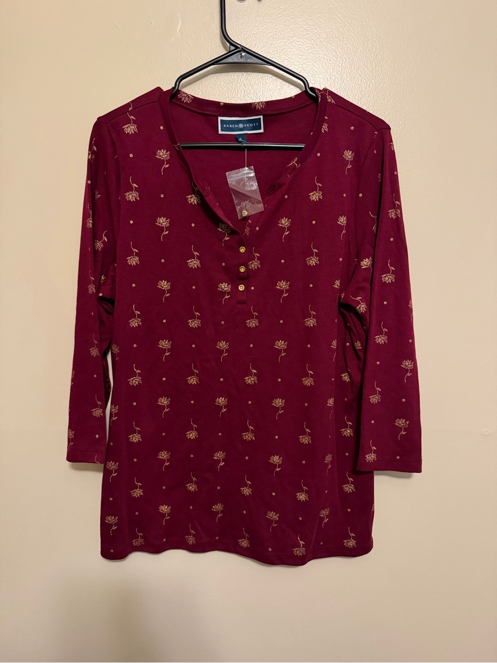 Karen Scott Burgundy Long-Sleeve Henley with Gold Floral Print